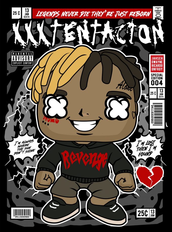 XXX Tentacton "Legends Never Die They're Just Reborn" Comic/Pop Art T-Shirt (Μαύρο)