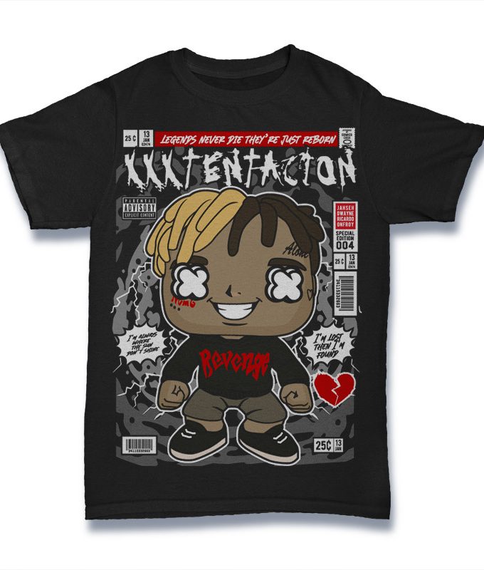 XXX Tentacton "Legends Never Die They're Just Reborn" Comic/Pop Art T-Shirt (Μαύρο)