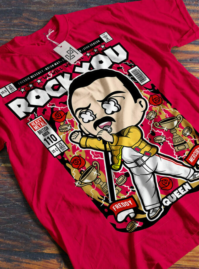 Queen - Freddy Mercury "We Will We Will Rock You" Classic Kids Crewneck T-shirt (Red)